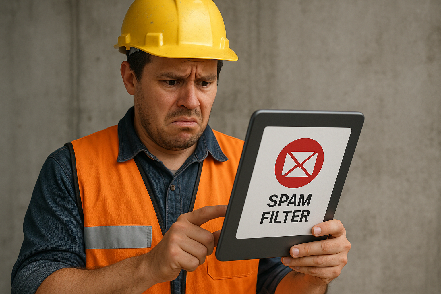 Construction worker on a tablet looking confused because the spam filter-1