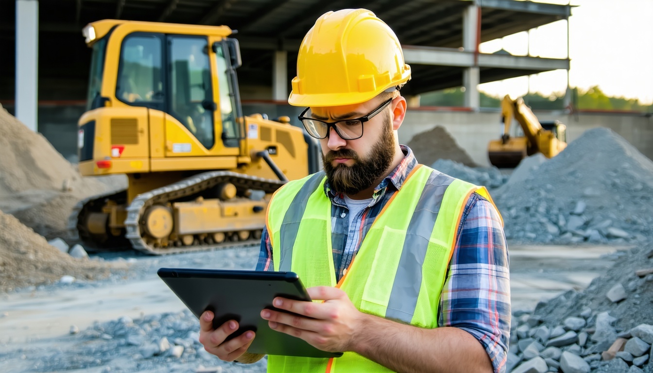 confused construction worker at a construction site because their technology is down and they cant work